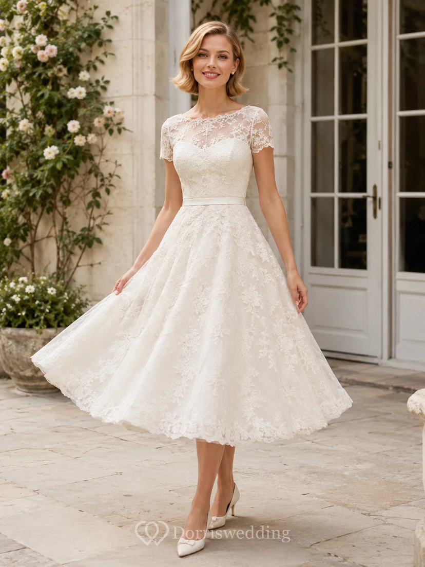 Vestido de novia vintage de encaje con escote barco, largo hasta la rodilla y mangas cortas, estilo línea A.