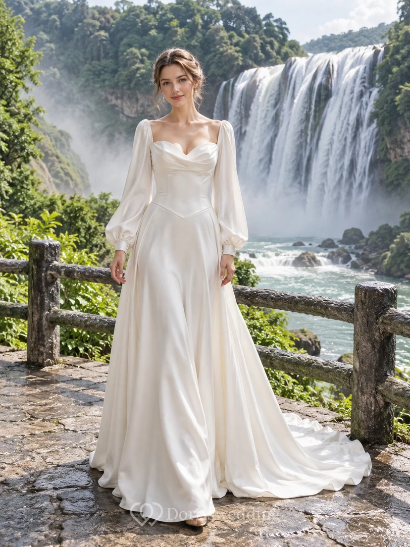 Vestido de novia sencillo de satén de corte A con escote corazón y manga larga.