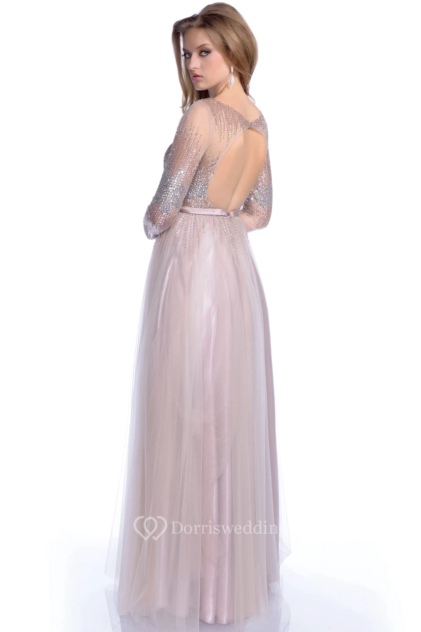 Sequined Bodice A-Line Tulle Prom Dress With Keyhole Back And Long Sleeve view 2