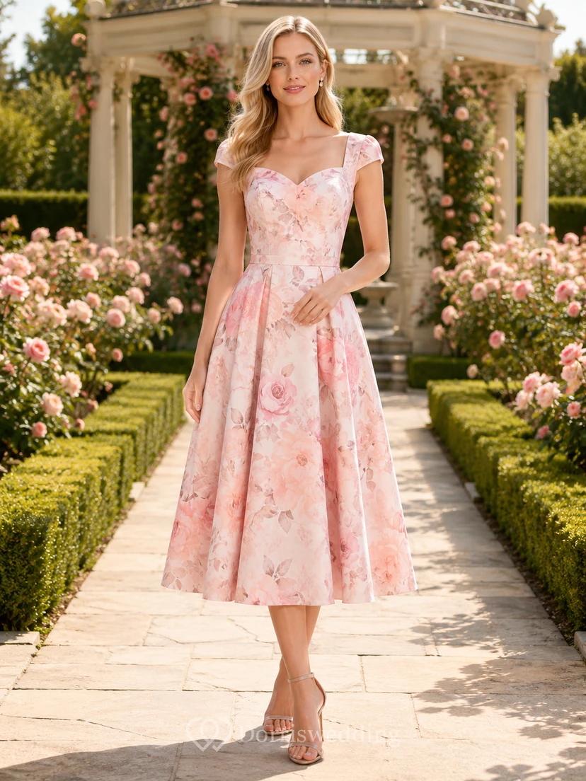 Robe d'invitée de jardin rose à fleurs, col en V et longueur thé