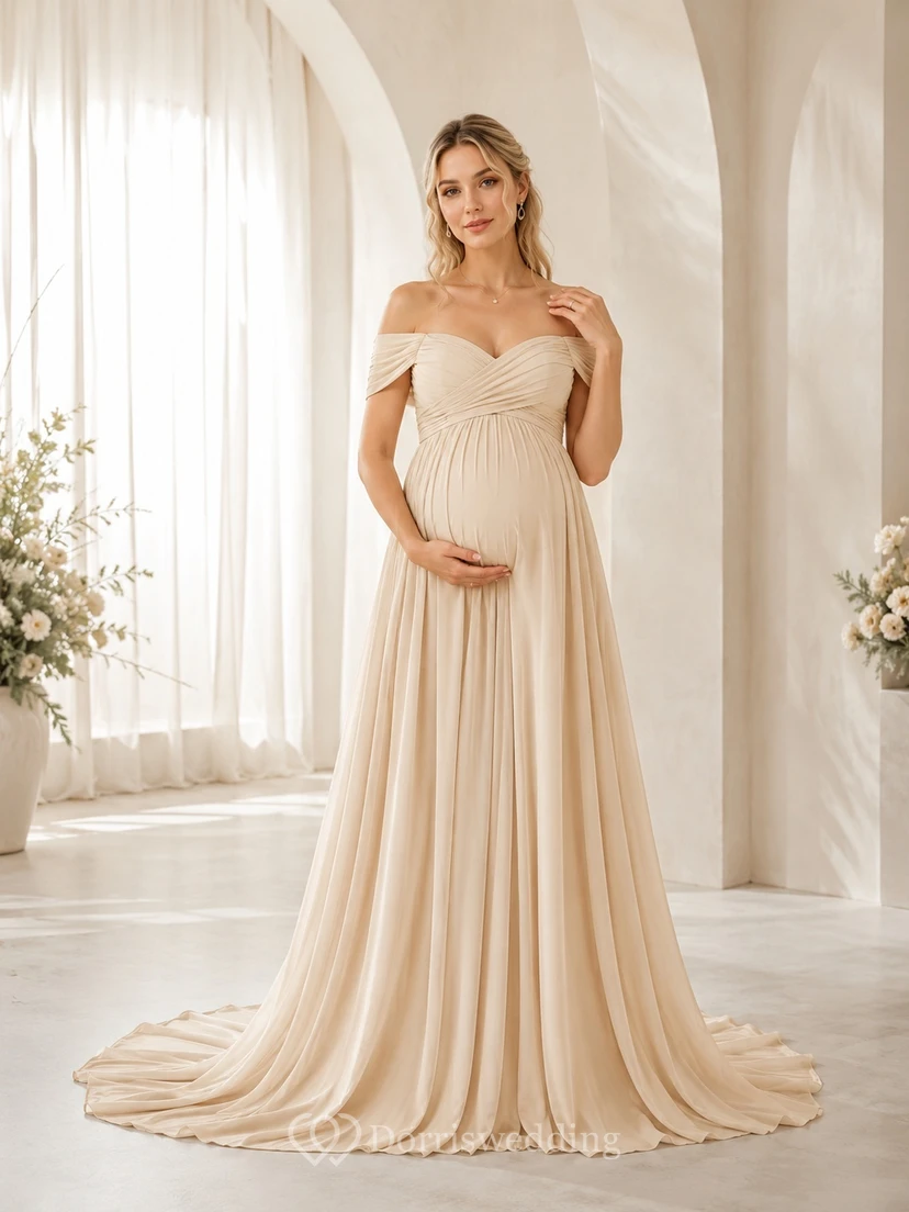 Maternity Champagne Off-Shoulder Pleated Chiffon Empire Sweep Formal Gown