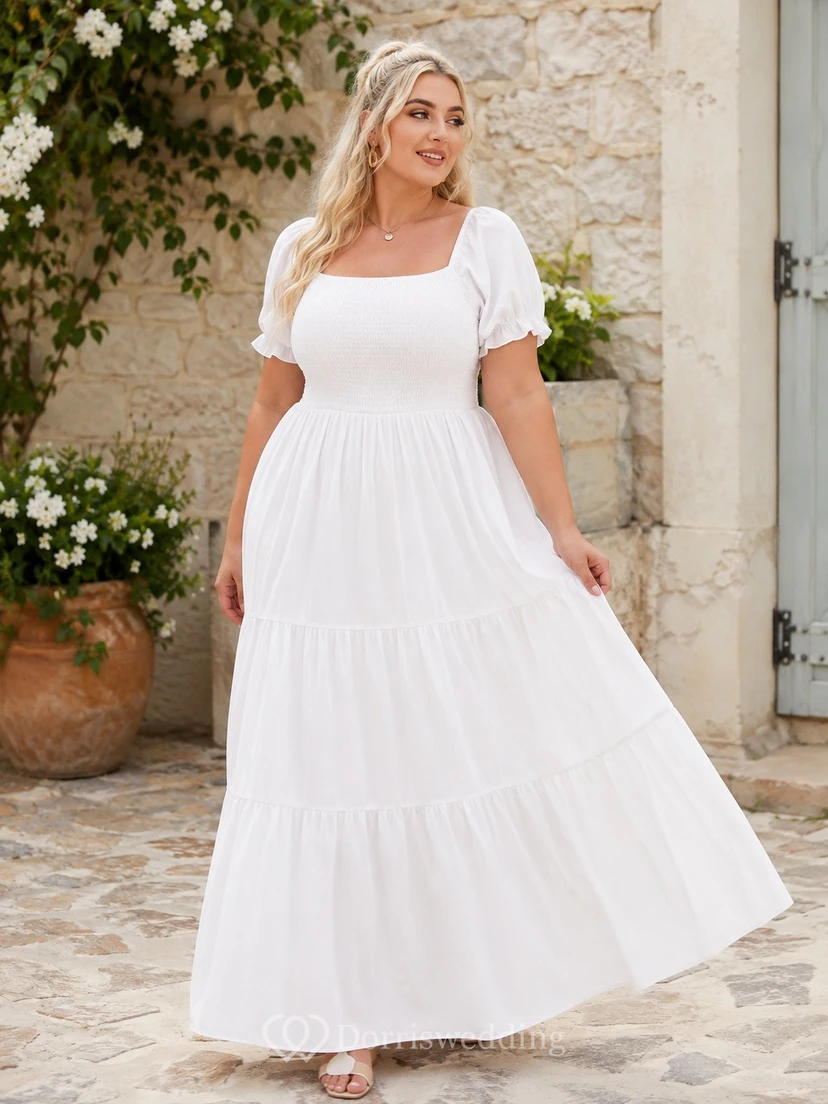 Figure Skimming White Chiffon Square Neck Short Sleeve A-Line Ankle Length Plus Size Dress