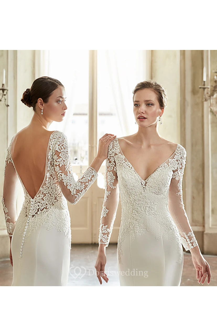 Trumpet V-Neck Appliqued Floor-Length Long-Sleeve Satin Wedding Dress view 3
