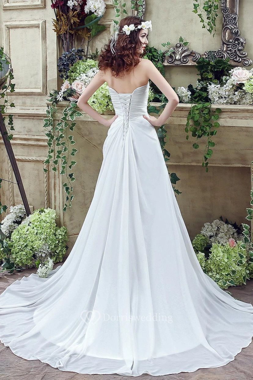 Newest Strapless White Beadings Modest Wedding Dress A-line Sweep Train view 4
