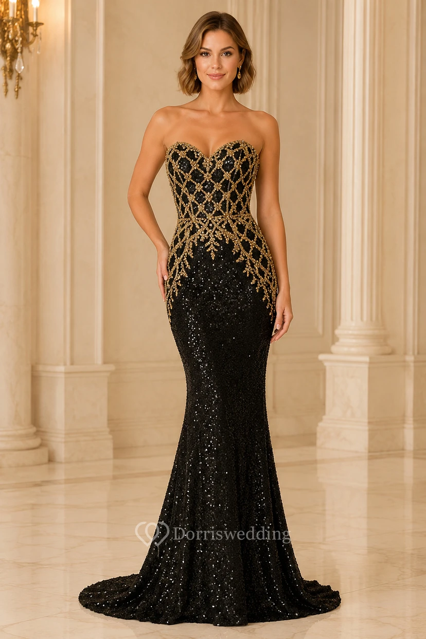 Schwarzes, goldfarbenes, trägerloses, geometrisches Meerjungfrauen-Abendkleid mit Perlenbesatz und herzförmigem Ausschnitt