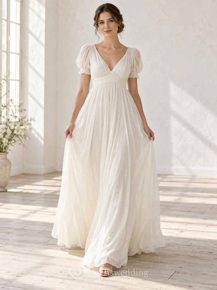 Vestido de novia largo y fluido de voile tejido fruncido, estilo imperio, con escote en V y mangas abullonadas.