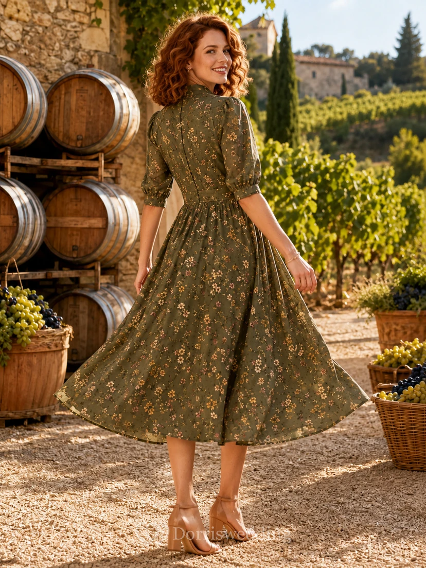 Olive Floral V Neck Swing A Line Vineyard Midi Dress view 2