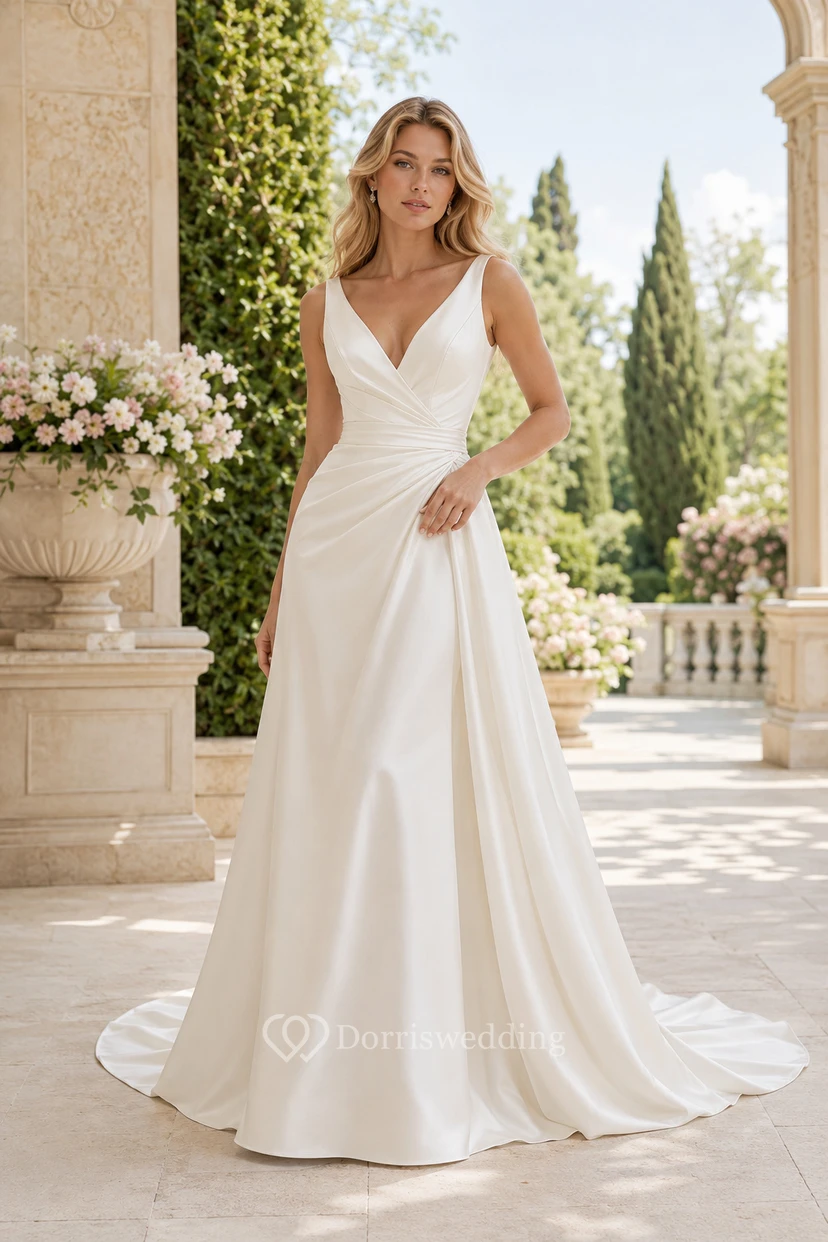 V-Neck Satin A-Line Wedding Dress with Ruched Waist