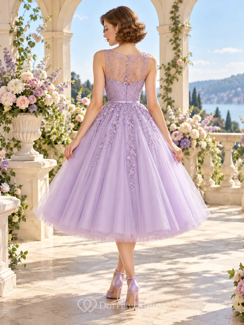 1960s Lavender Illusion Sweetheart Lace Tulle Tea-Length Prom Dress view 2