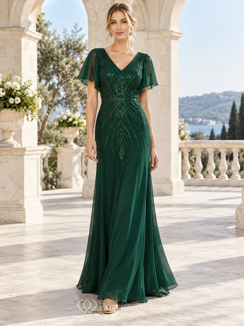 Vintage dunkelgrünes, eitelndes Chiffonkleid mit V-Ausschnitt, flatternden Ärmeln, geometrischer Perlenstickerei und langem Brautjungfernkleid