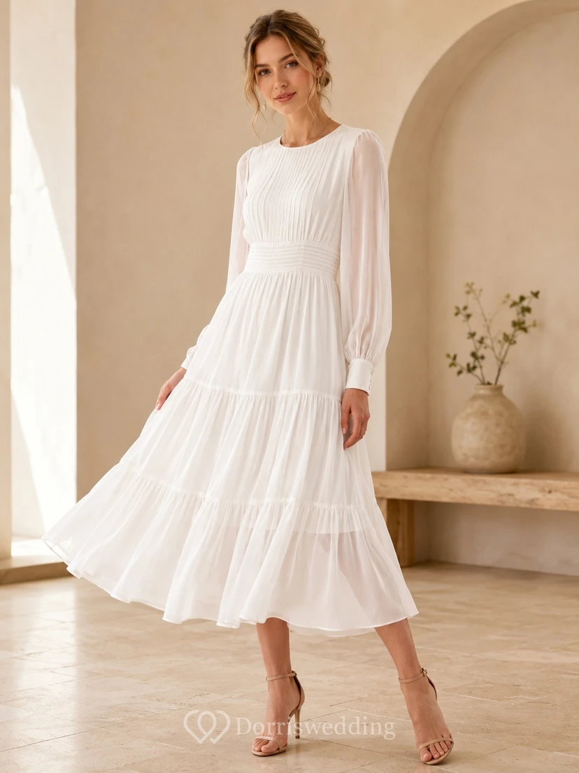 Vestido de gasa blanca de manga larga, cuello joya y corte en A con pliegues