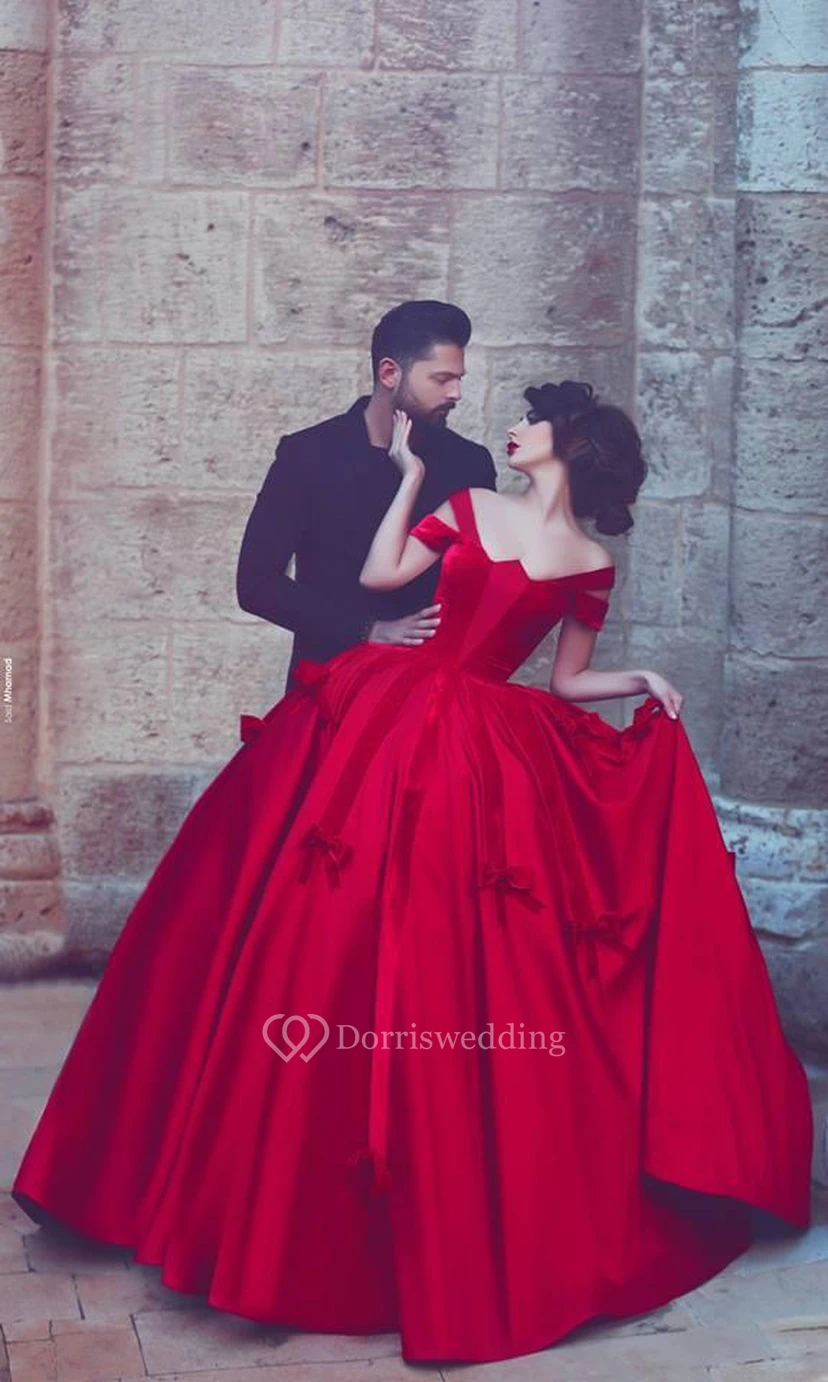 Newest Red Bowknot Ball Gown Evening Dress Off-the-shoulder Floor-length