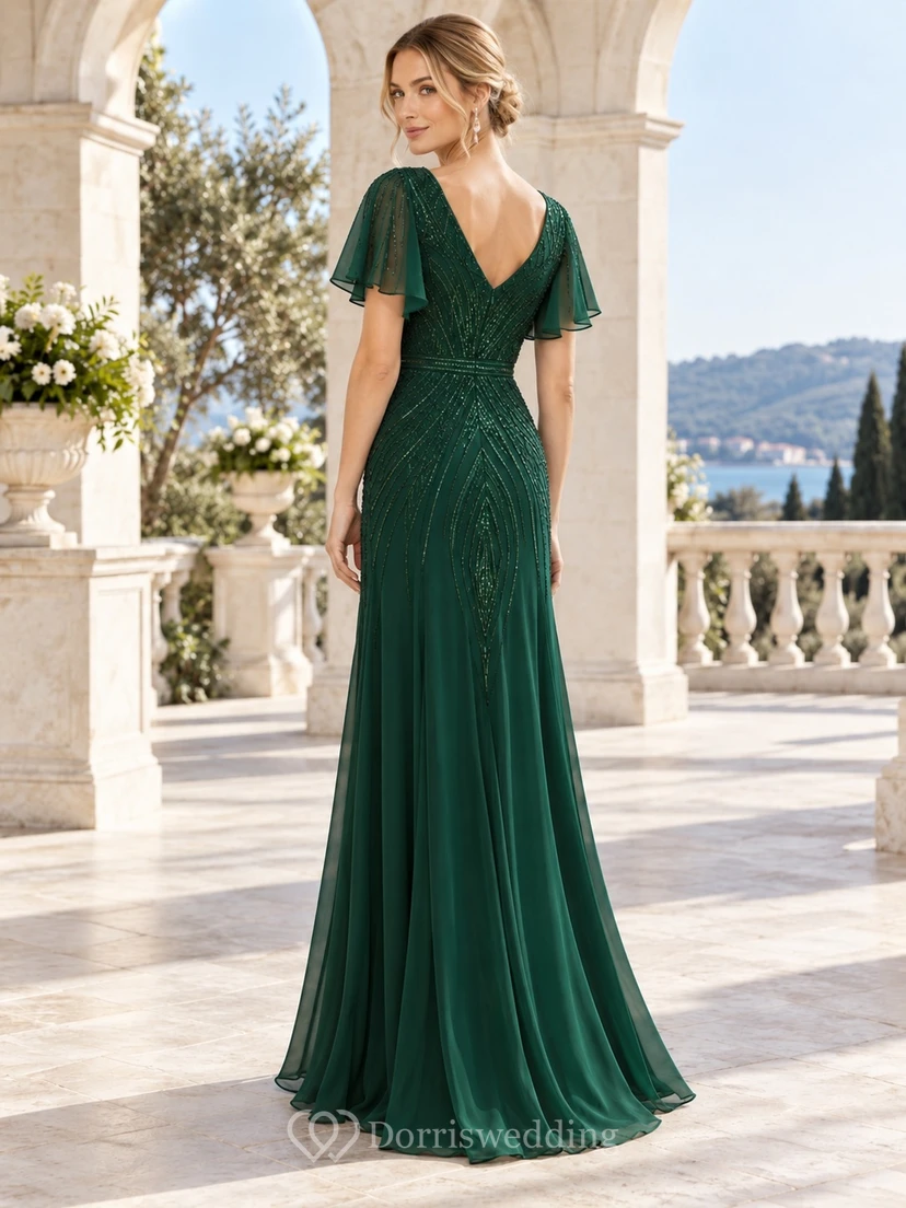 Vintage dunkelgrünes, eitelndes Chiffonkleid mit V-Ausschnitt, flatternden Ärmeln, geometrischer Perlenstickerei und langem Brautjungfernkleid view 2