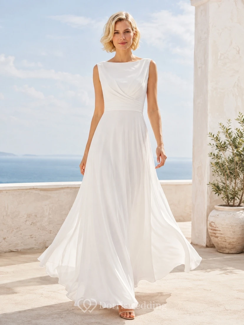 Vestido de noche largo hasta el suelo, sin mangas, de corte A, en jersey elástico blanco con hombros descubiertos y escote barco.