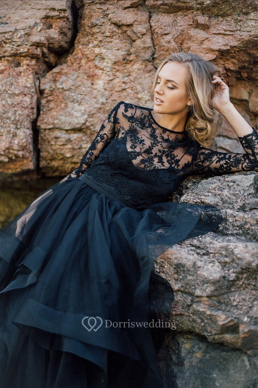 A-Line Black Tea Length Wedding Dress Scoop Long Sleeve Button Illusion Back With Appliques Lace Pleats Sash/Ribbon view 3