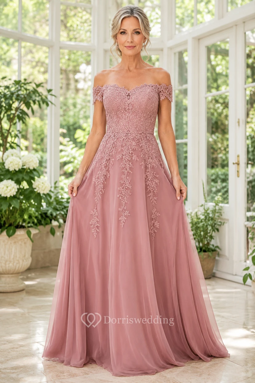 MOB-Kleid aus altrosafarbener Spitze und Tüll, A-Linie, kurze Ärmel, schulterfrei, bodenlang