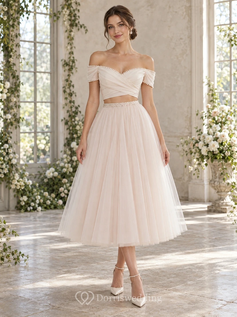 Tea-length Two Piece Off Shoulder Wrapped Pearl Wedding Dress