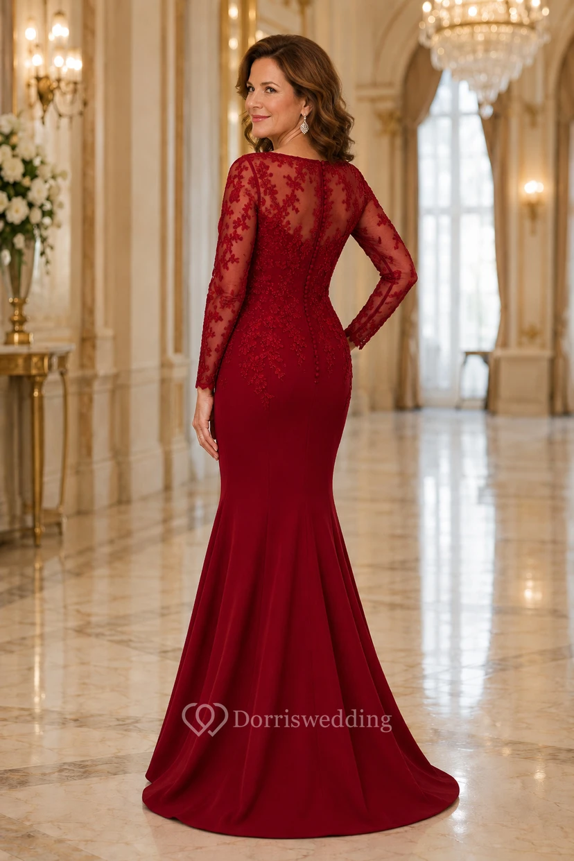 MOB-Kleid, rotes Chiffon-Spitzenkleid, Meerjungfrauen-Stil, lange Ärmel, U-Boot-Ausschnitt, bodenlang, gerafft view 2