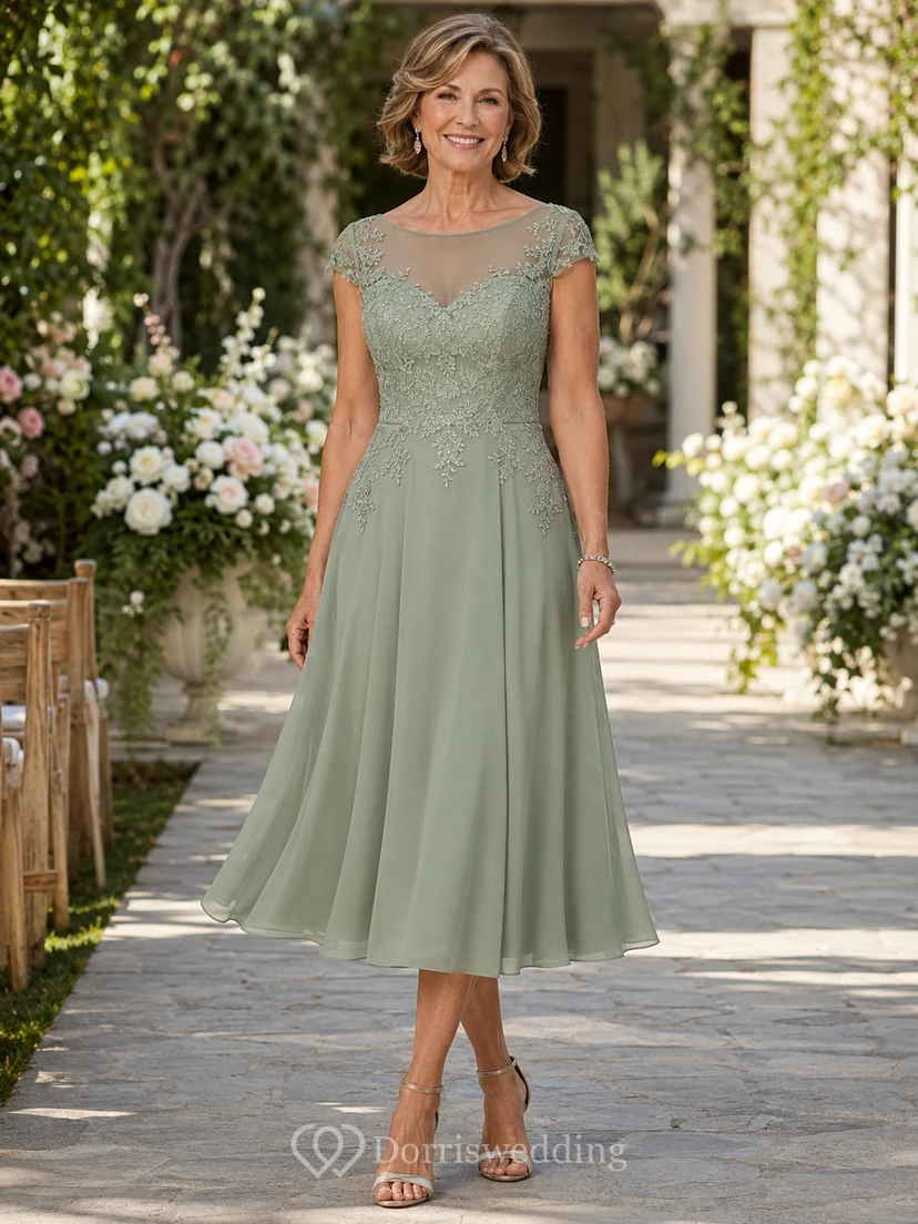 Sage Illusion Lace Tea-Length Mother of the Bride Dress