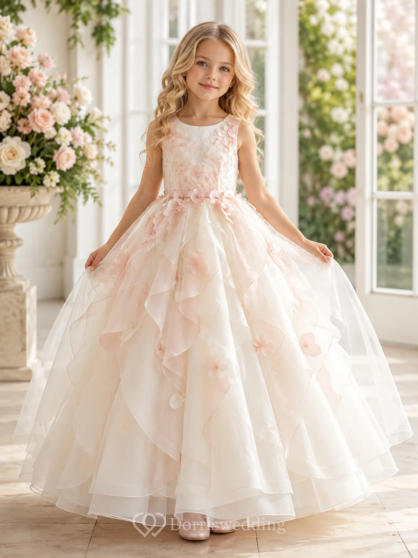 Luxury Floor-Length Ball Gown Flower Girl Tulle Petal Ruffle Garden Dress with Jewel Neck