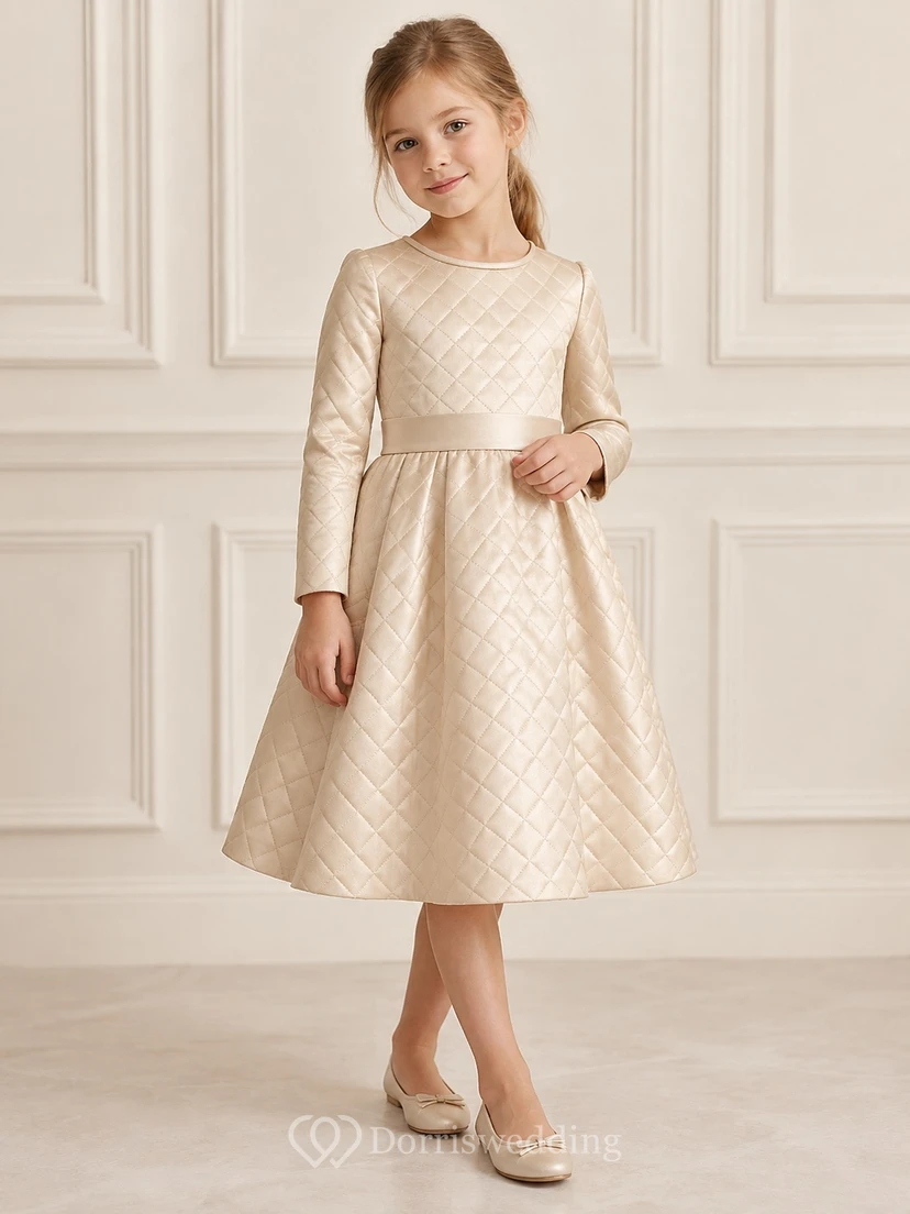 Modest Long Sleeve Champagne Tea-length Narrow Band Diamond Quilted Satin Flower Girl Dress