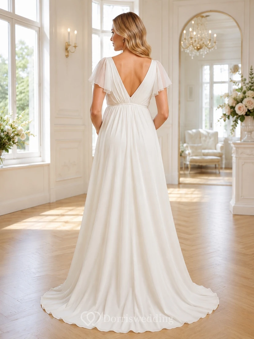 Umstands-Hochzeitskleid aus Chiffon mit V-Ausschnitt, Falten und kurzen Ärmeln, bodenlang view 2