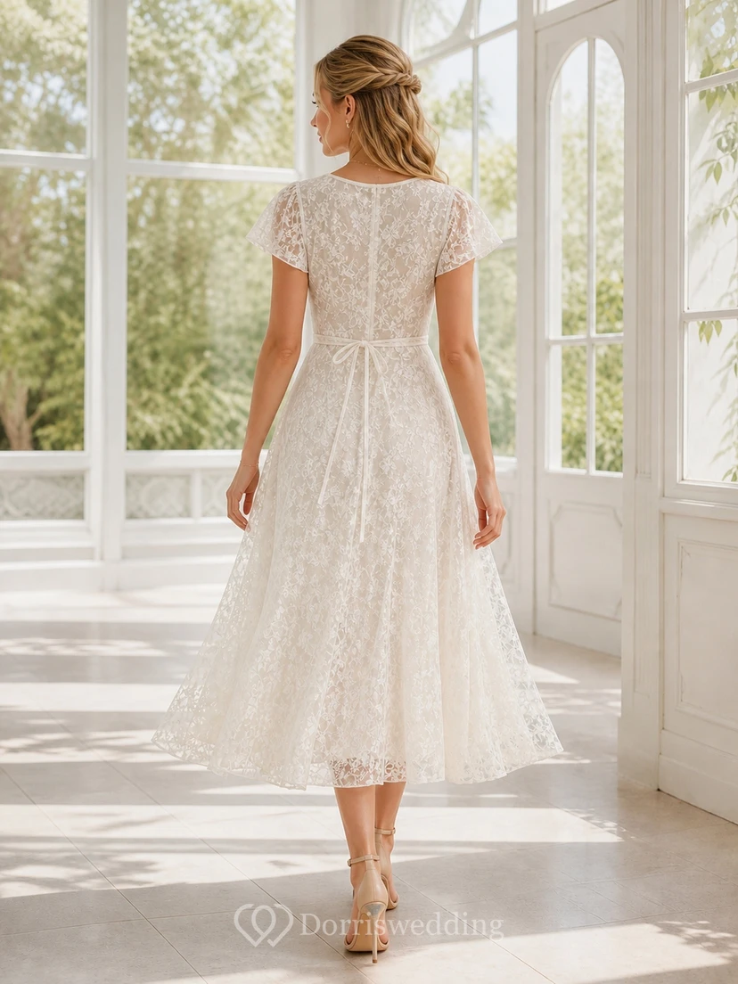 Vintage-Kleid aus Spitze, schlicht, teelang, A-Linie, V-Ausschnitt, kurze Ärmel view 2