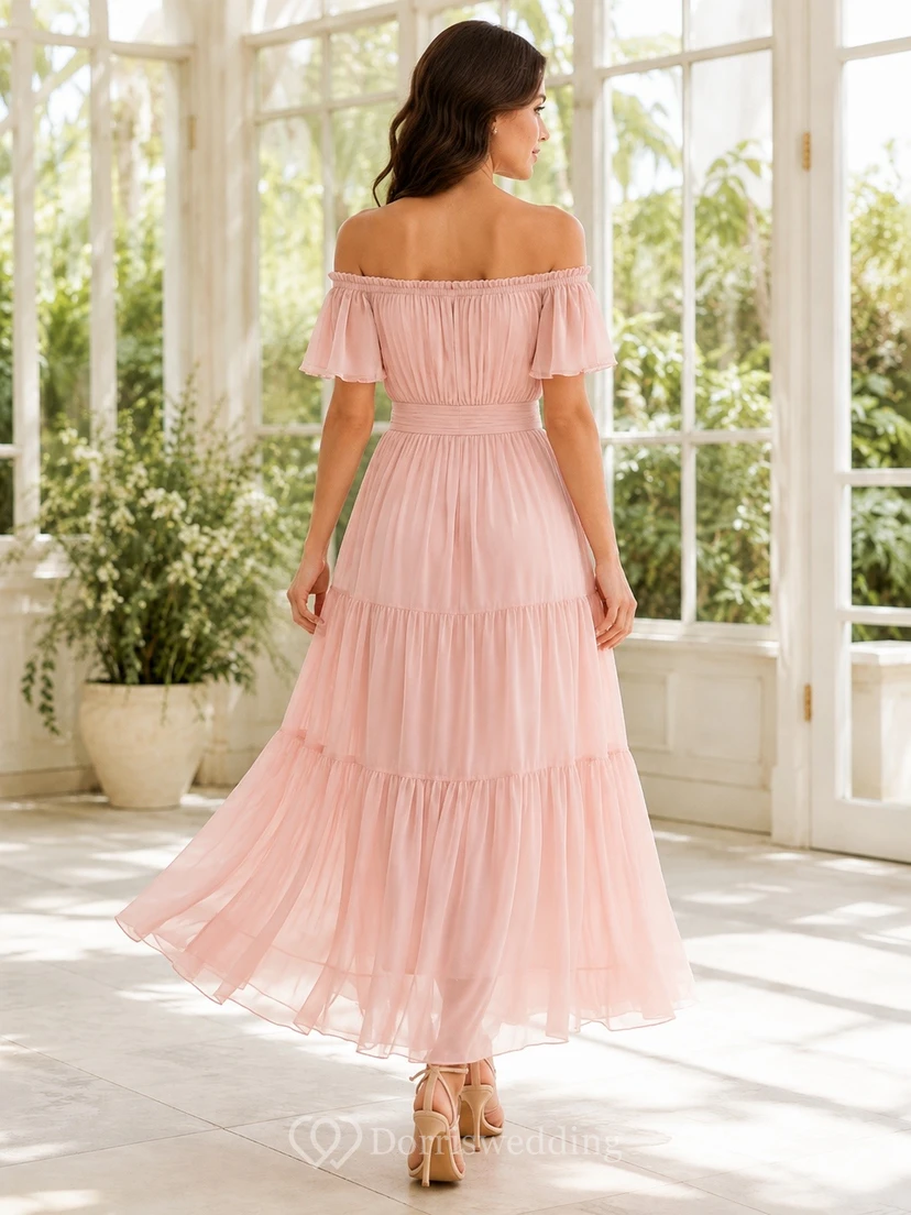 Rosafarbenes, schulterfreies, kurzärmeliges, gestuftes Chiffonkleid in Teelänge – romantisches Gartenkleid view 2