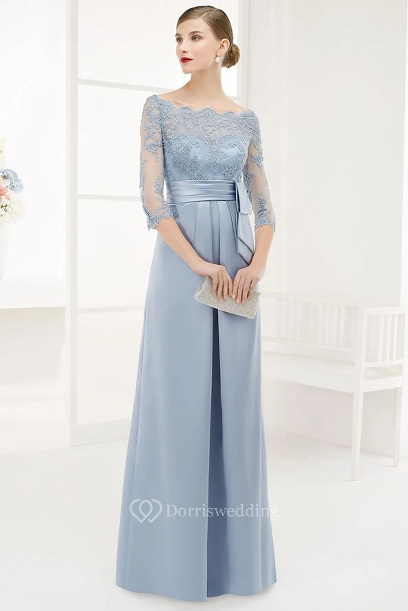 Vestido de fiesta de satén de corte A, largo hasta el suelo, con apliques, escote barco y mangas 3-4, adornado con pedrería.