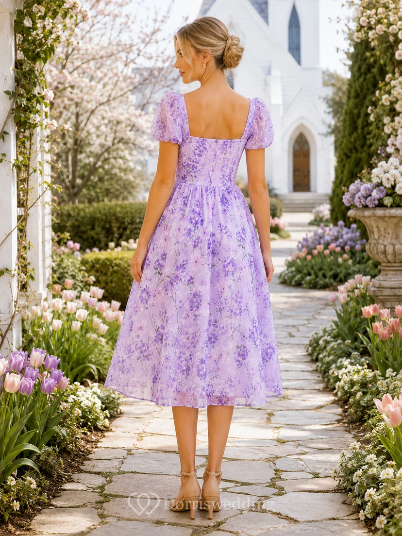 Lavender Floral Square Neck Puff Sleeve Midi Easter Dress view 2