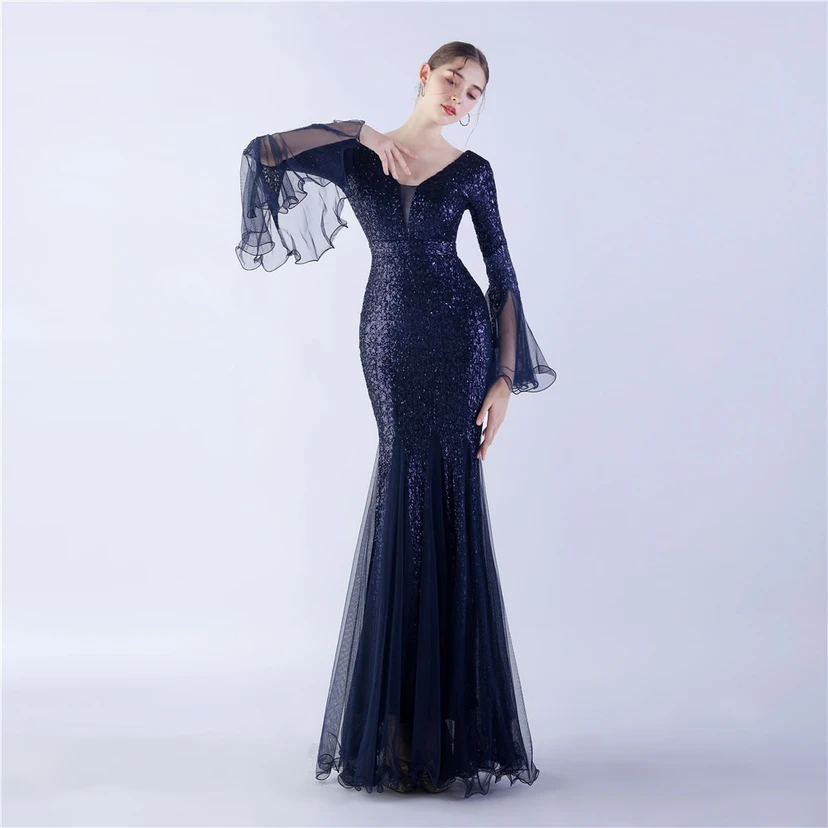Vestido de noche con lentejuelas, bordado de malla encriptada, estilo artesanal de seda de pez y borde ondulado. view 15