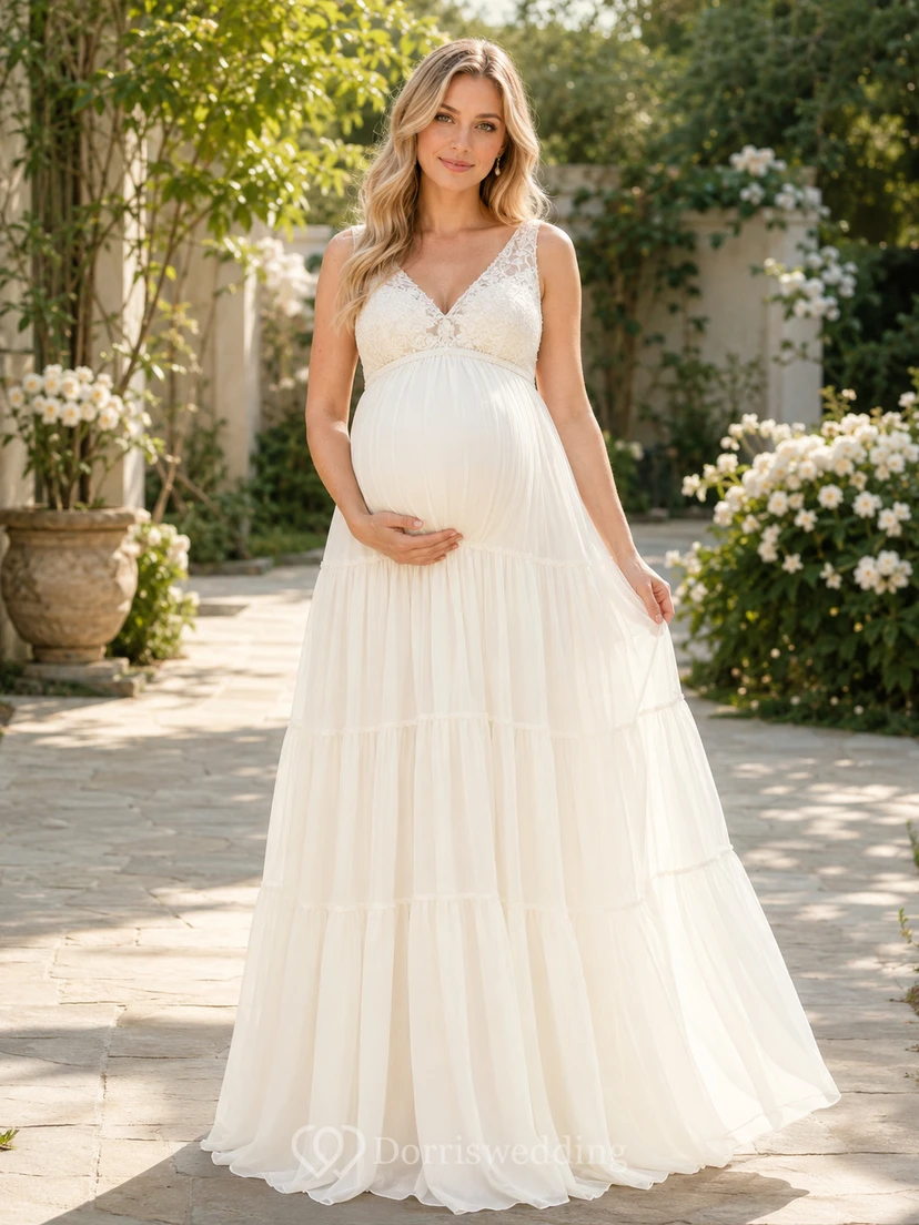 Maternity Wedding Dress V-Neck Sleeveless Lace Bodice Tiered Bridal Gown