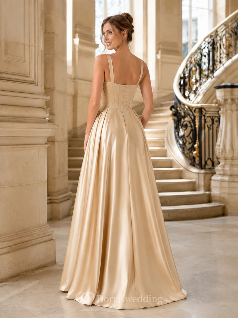 Champagne Square Neck Wide Strap Satin A-Line Floor Length Slit Gown view 2