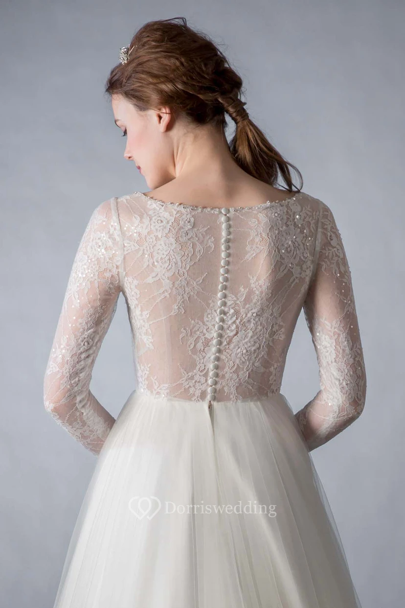 A-Line Lace Scoop Neck Long Sleeve Tulle Wedding Dress view 4