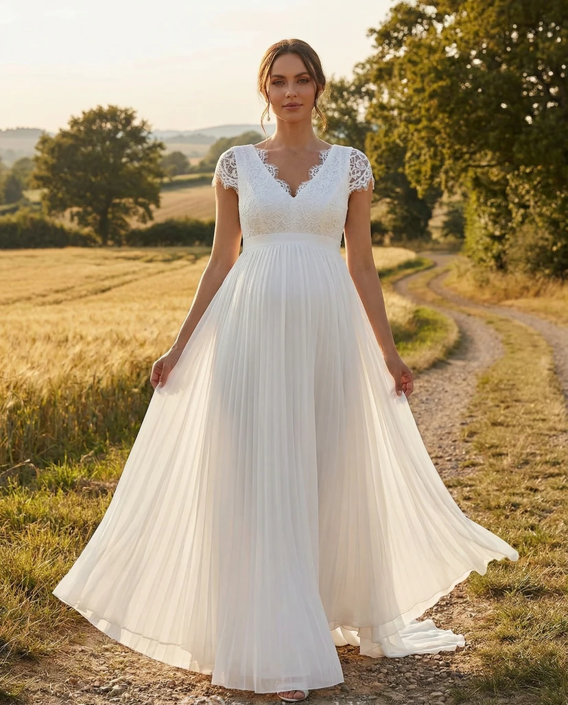 Robe de mariée de maternité en dentelle à manches courtes, corsage à col en V et jupe plissée en mousseline