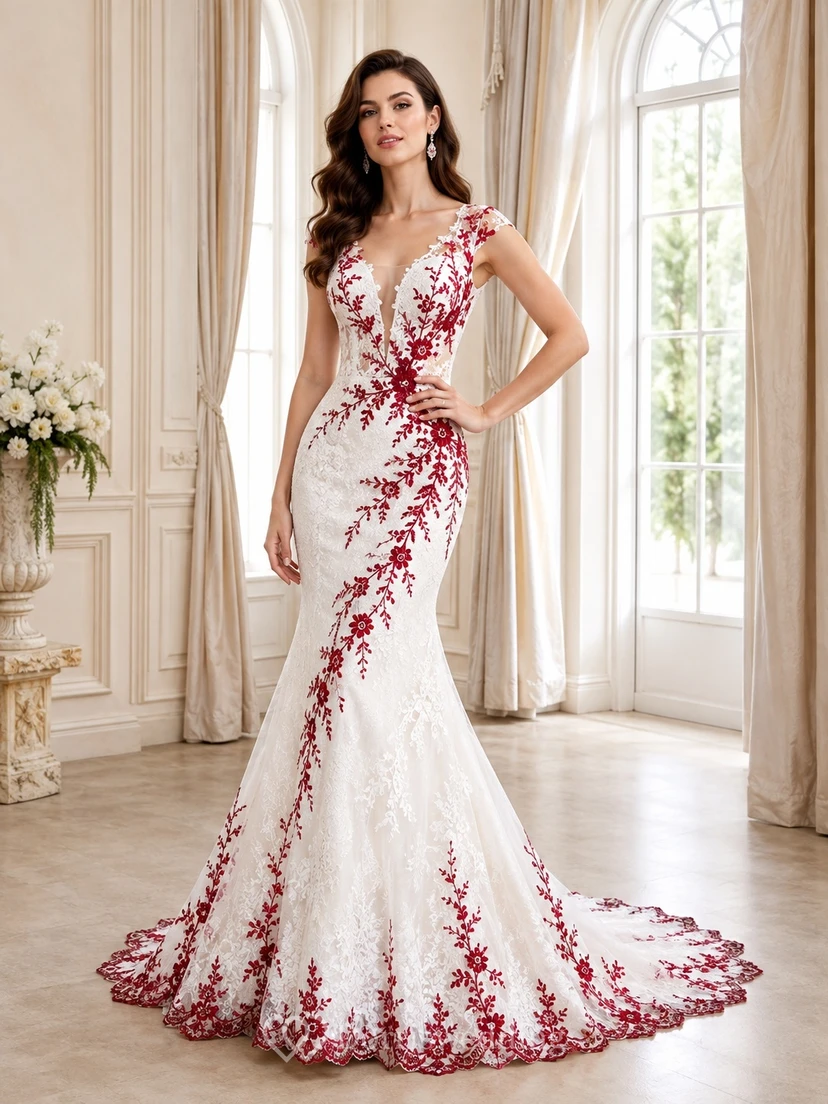 Rotes, ärmelloses, romantisches Brautkleid aus Spitze mit Meerjungfrauenschnitt, V-Ausschnitt und Schleppe