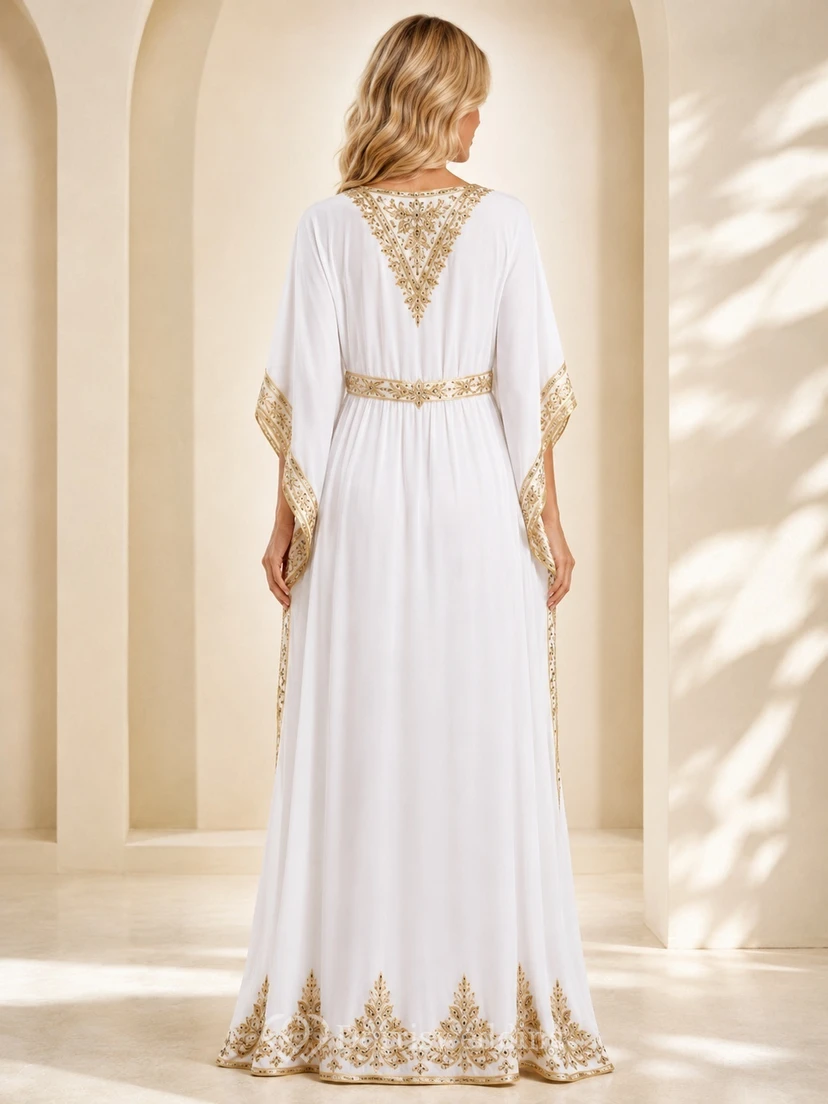 White Gold Chiffon Bell Sleeve V-Neck A-Line Floor Length Kaftan Dress view 2