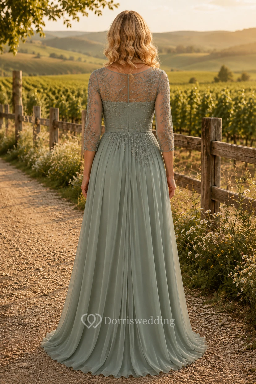 Sage Bateau Lace Chiffon A-Line Mother Dress with Long Sleeves view 2