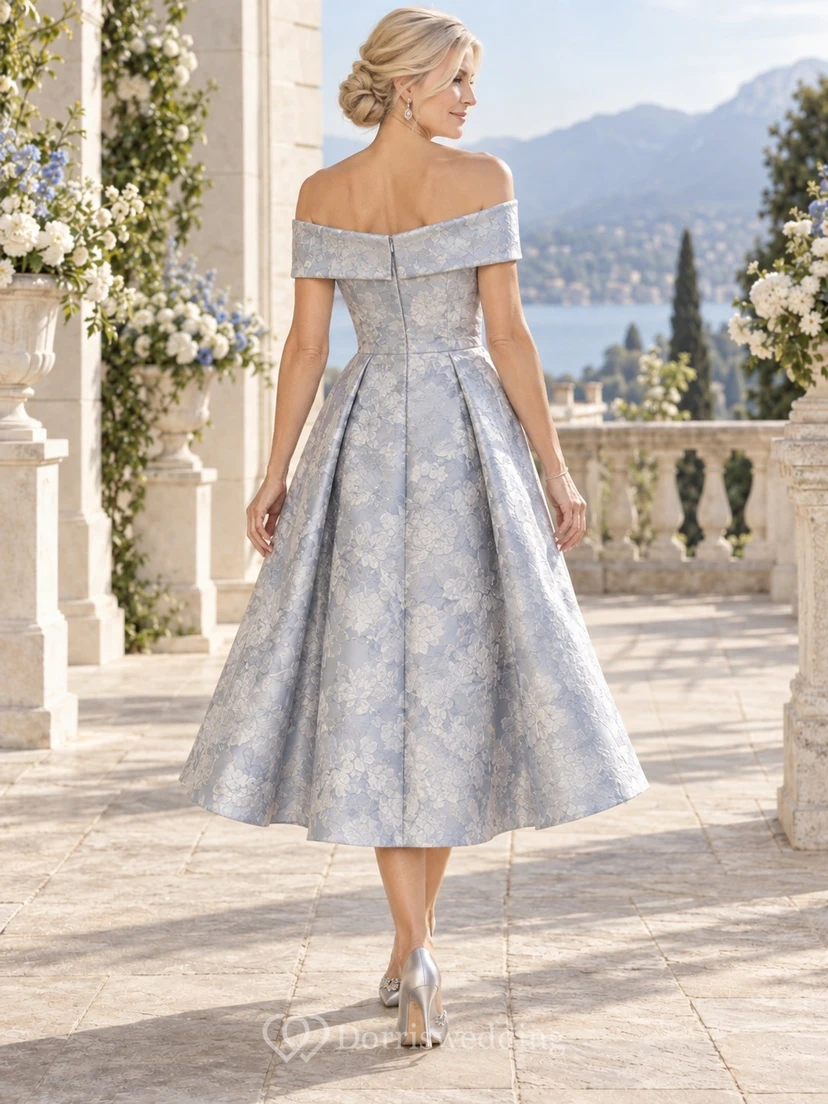 Elegante vestido de novia de corte A, largo midi, con estampado floral jacquard y escote Bardot. view 2