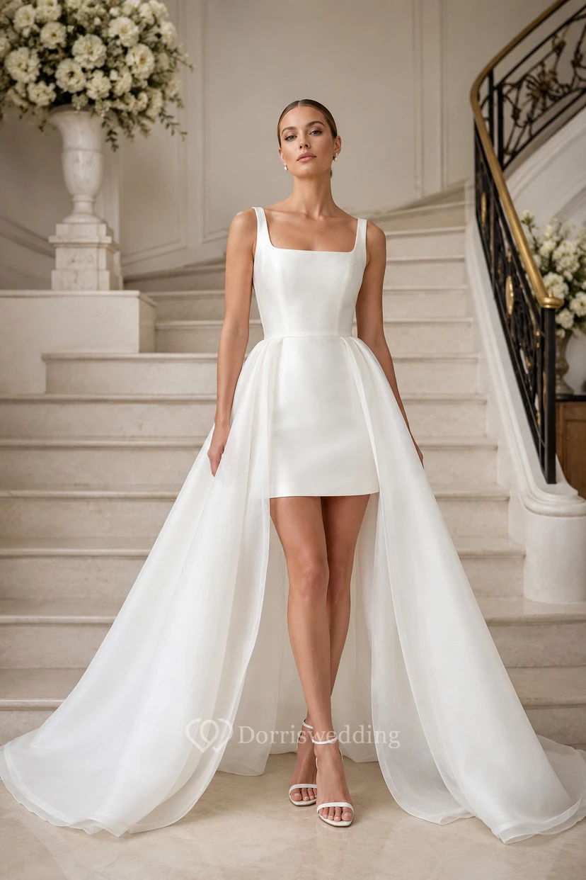 Robe de mariée courte à col carré avec traîne en tulle amovible
