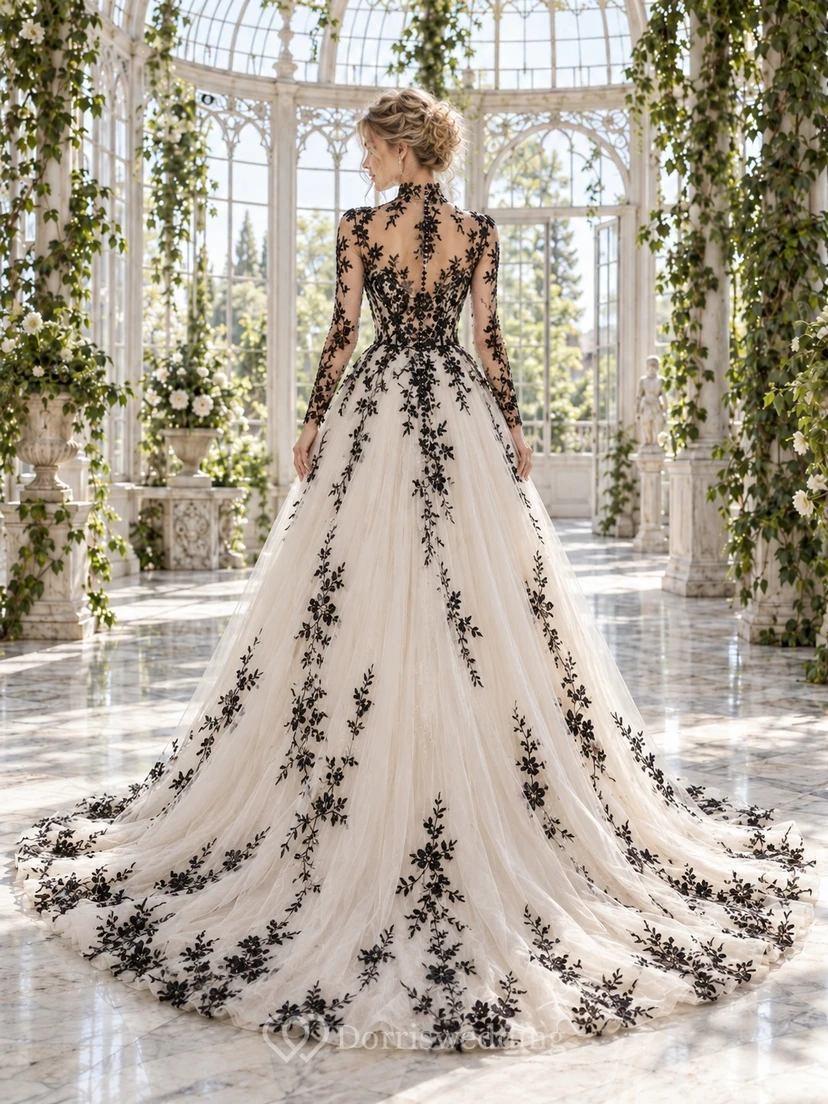 High Neck Long Sleeve Black Floral Tulle Train Wedding Dress view 2
