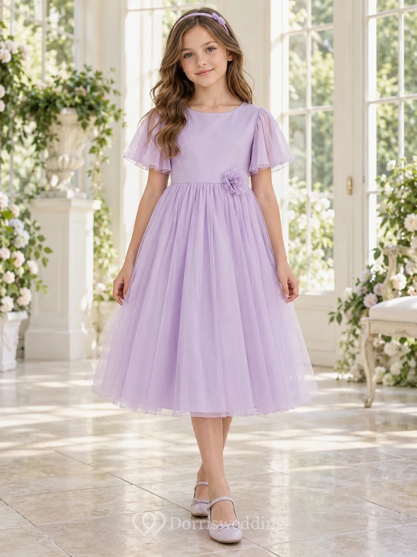 Lilac Tea-length Jewel Flutter-sleeve Tulle Gathered Floral Unbanded Zipper-back Flower Girl Dress