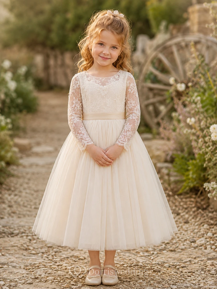 Flower Girl Dress Ivory Lace Tulle A-Line Long Sleeve Scoop Neck Tea Length