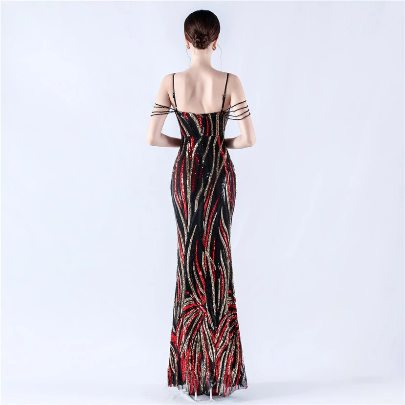 Sequined Striped Color Matching Slim Dinner Host Suspender Long Dress For Women view 15