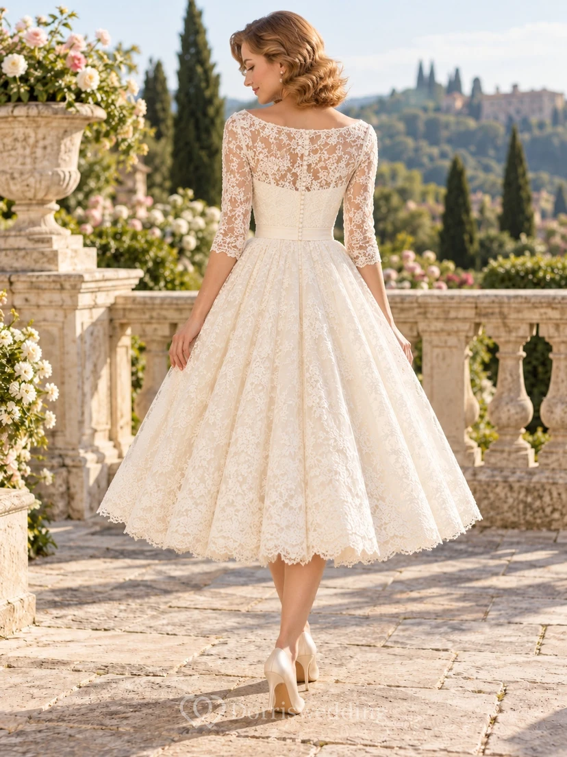 Vintage Tea-length Bateau Neck Lace Three Quarter Sleeve Wedding Dress view 2
