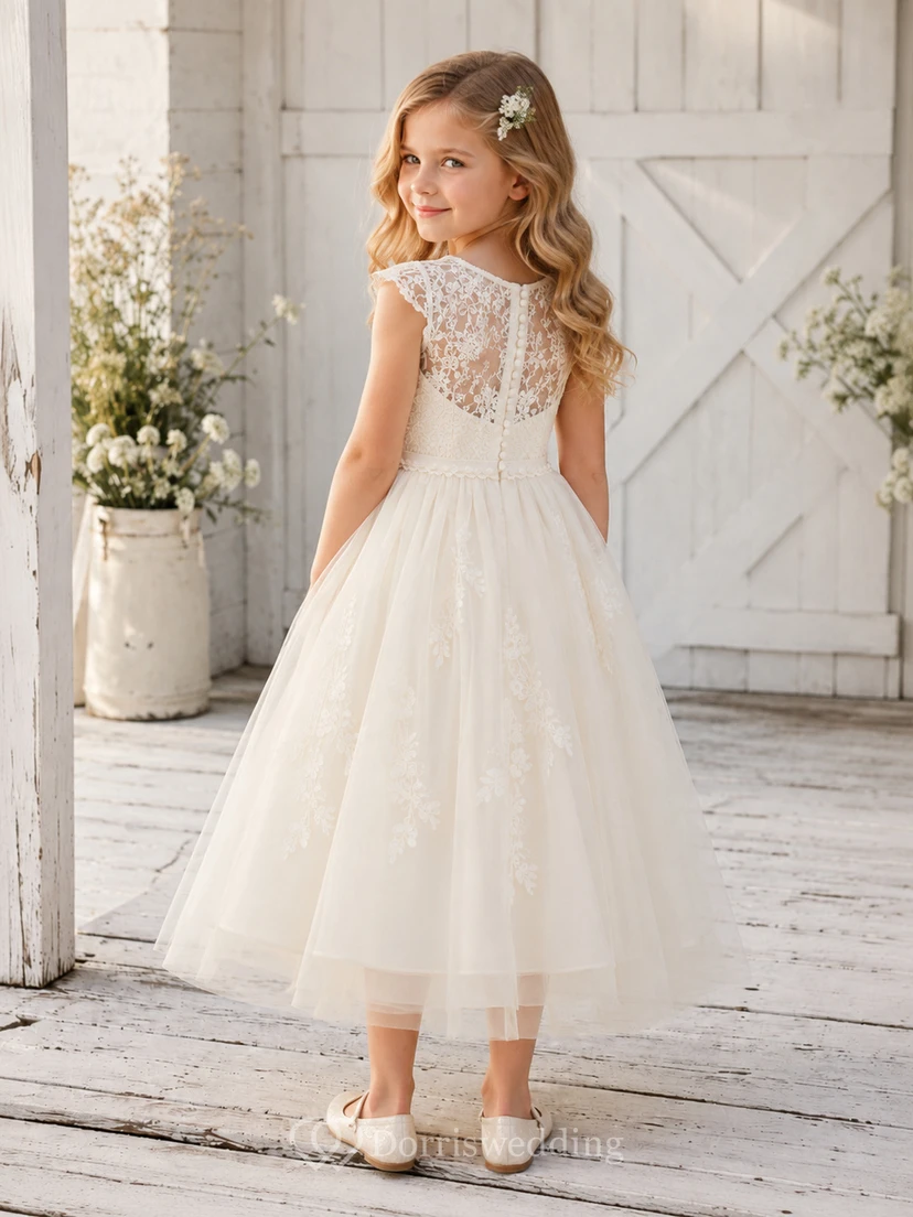 A-Line Flowergirl Lace Tulle Tea-Length Cap Sleeve Farmhouse Wedding Dress view 2