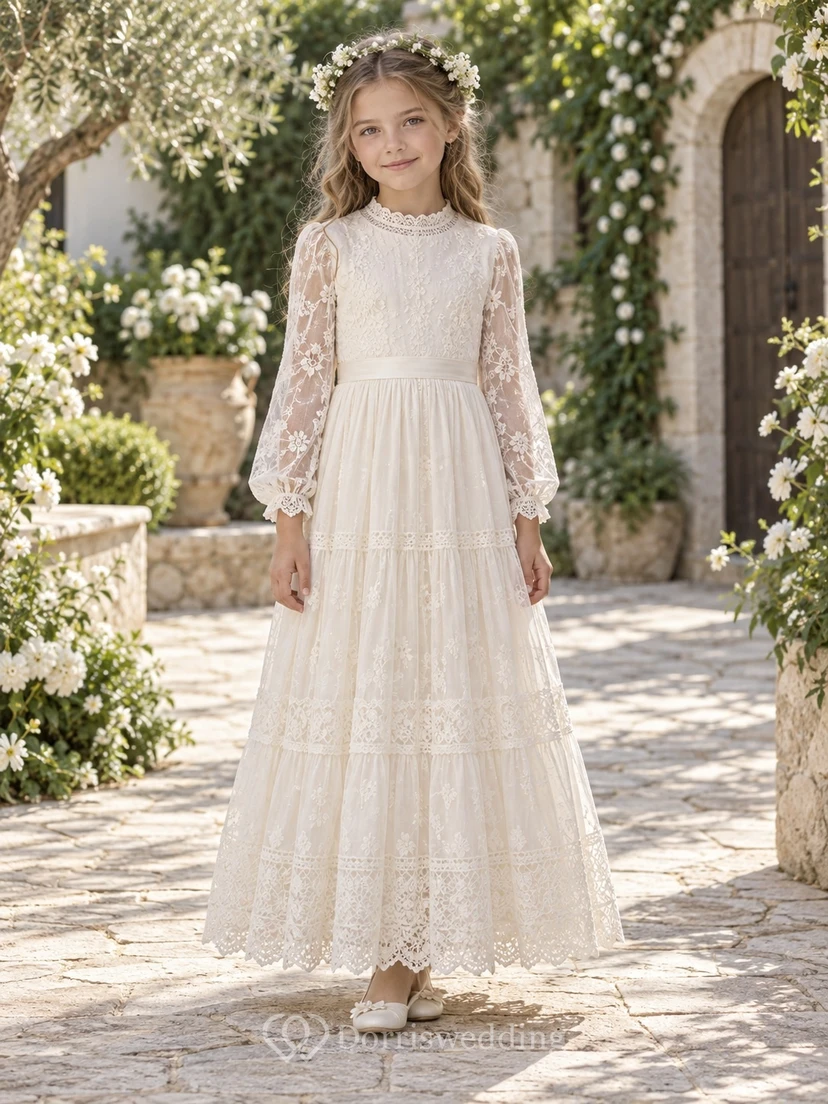 Modest Long Sleeve Ivory High Neck Lace First Communion Dress