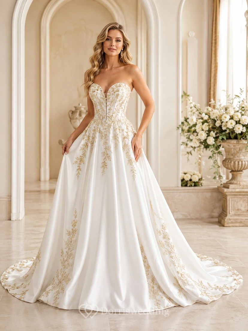 Gold Filigree Bridal Ball Gown Sweetheart Sleeveless Chapel Train Romantic Elegant Gown