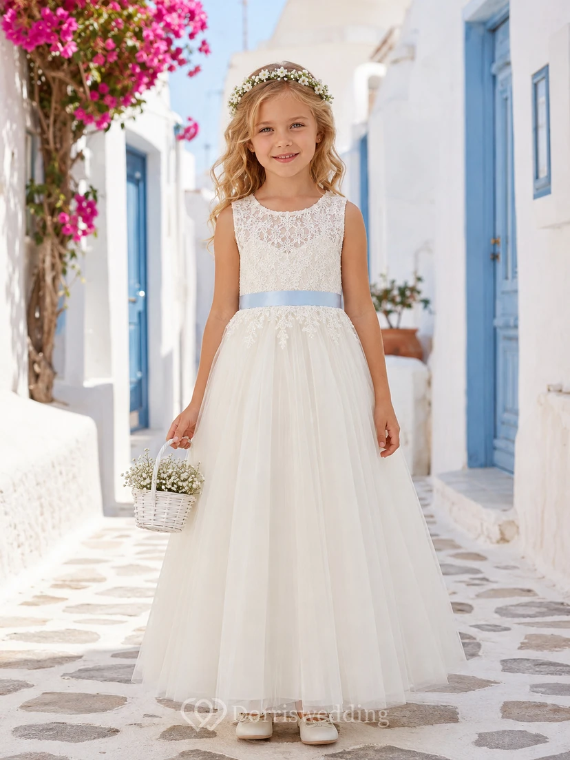 Elegante y adorable vestido de niña de las flores con cuello joya, sin mangas, de encaje y tul, largo hasta el suelo, con cinta azul.