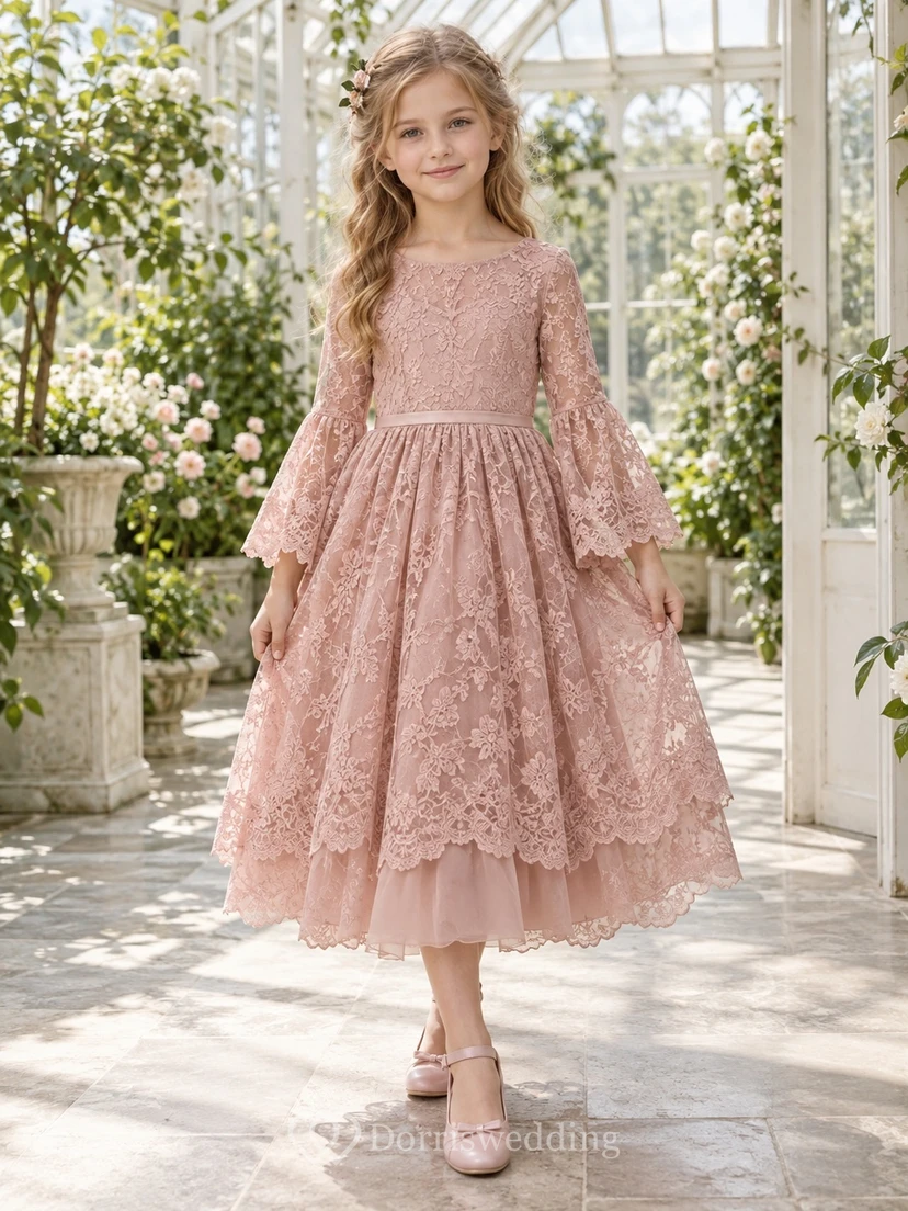Tea-length Vintage Mauve Bell Sleeve Scoop Layered Scalloped Floral Lace A-Line Flowergirl Dress